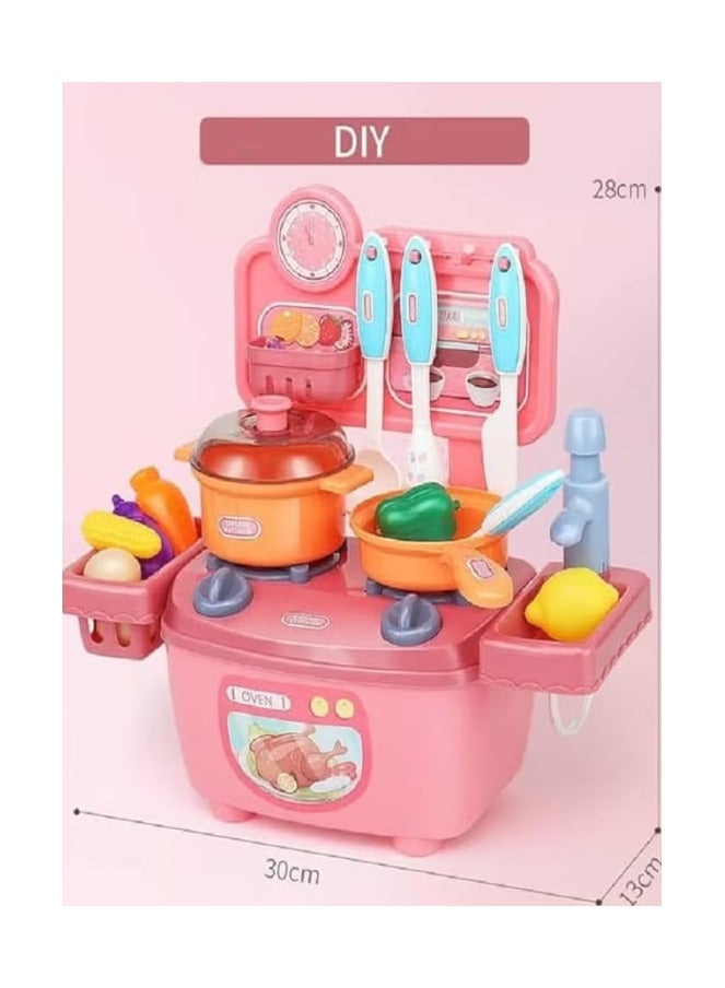 Dream Kitchen Play Set, Comes with Cooking Accessories, Sink with Running Water, Vegetables, Fruits, Utensils, Basket - 14 Pieces (Pink) - Image 2