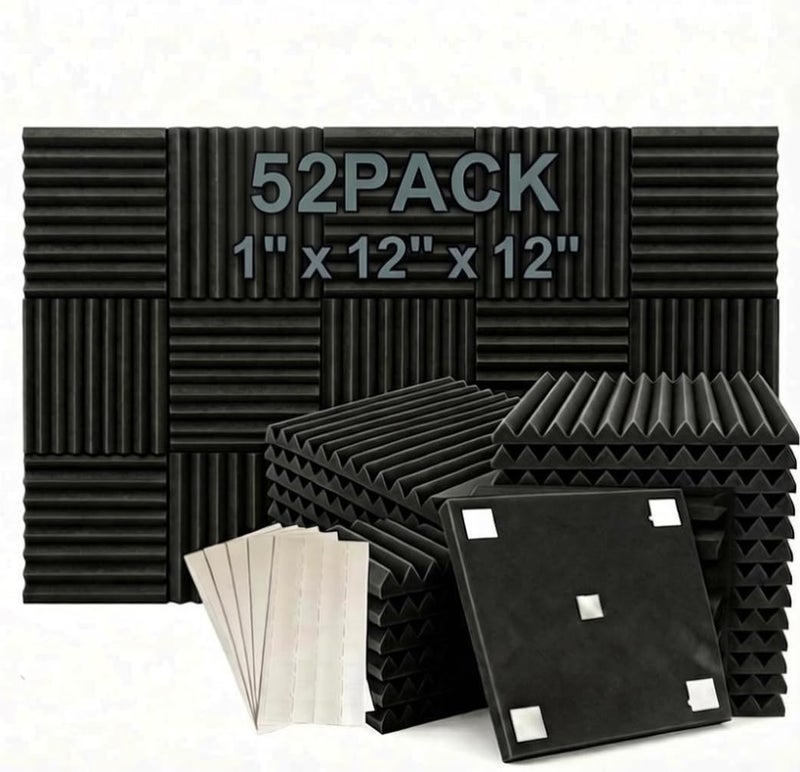 HPKL9999 52 Pack 12 "X 12 "X1" Acoustic Panels Studio Soundproofing Foam Wedge Tiles(Accompanied By Double-Sided Adhesive Tape) (52BLACK) - Image 1