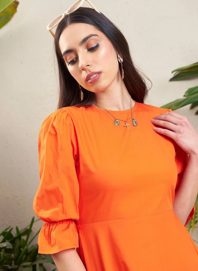 SASSAFRAS Orange Bell Sleeve Cut-Out A-Line Dress for Women