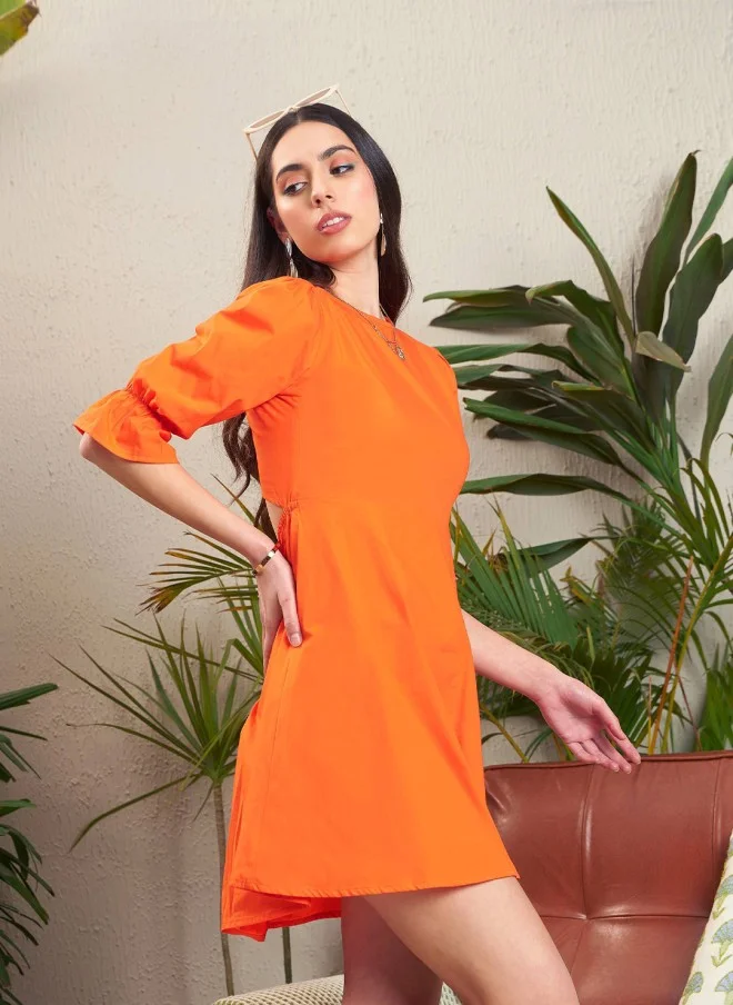 SASSAFRAS Orange Bell Sleeve Cut-Out A-Line Dress for Women