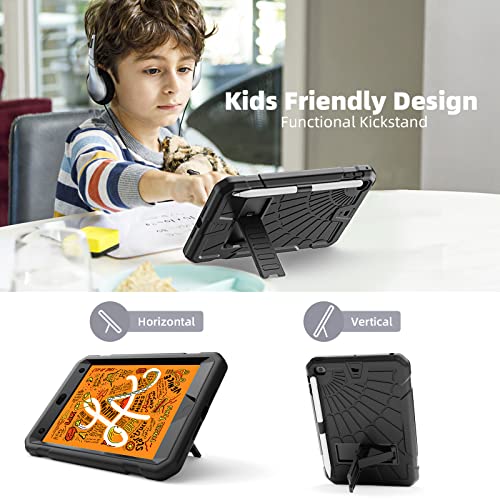 TSQQST iPad mini 4/5 Case with Glass Screen Protector for Kids | iPad mini 5th Generation Case with Pencil Holder Stand | Shockproof Rugged Protective Case for iPad mini 5/4 7.9 Inch | Black - Image 4