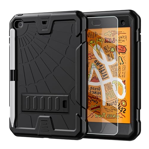 TSQQST iPad mini 4/5 Case with Glass Screen Protector for Kids | iPad mini 5th Generation Case with Pencil Holder Stand | Shockproof Rugged Protective Case for iPad mini 5/4 7.9 Inch | Black - Image 1