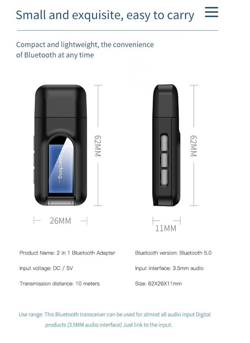 ماركة غير محددة جهاز إرسال واستقبال بلوتوث 5.0 USB، محول بلوتوث لاسلكي محمول، مع موصل 3.5 مم، دونجل صوت لاسلكي، توصيل وتشغيل، للكمبيوتر، بطاقة صوت، سيارات، سماعات، مكبرات صوت  - Image 3