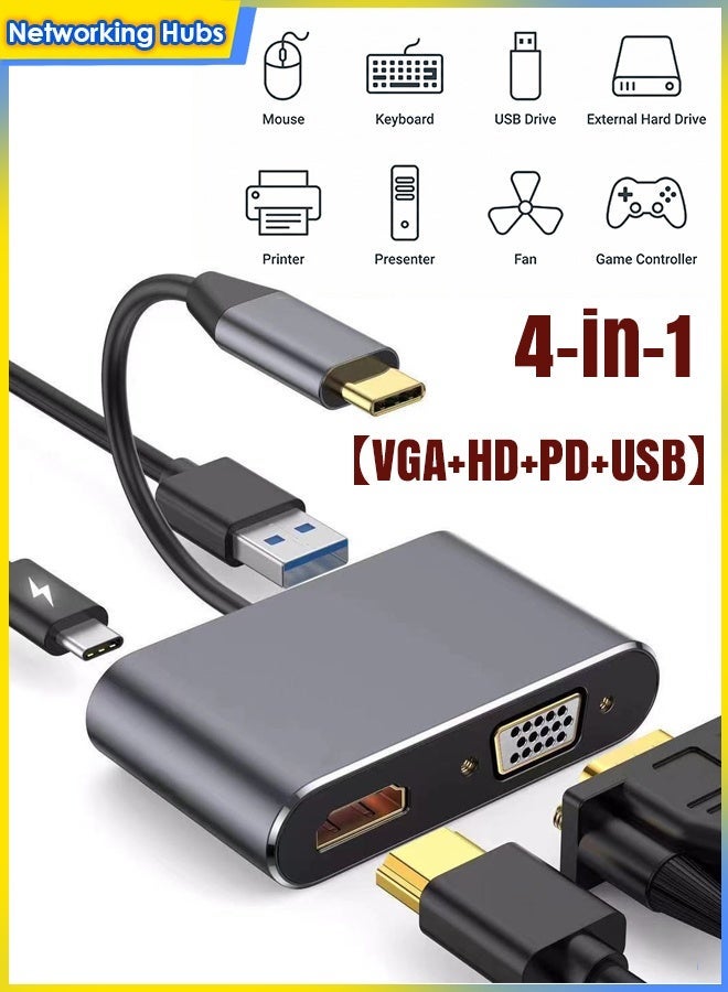 Purrhappy 4-in-1 USB C Hub (USB+ HDMI + PD + VGA) 4K@60Hz HDMI, 100W PD Charging, USB 3.0 Port, Docking Station Compatible with MacBook Pro/Air, Lenovo, Dell, HP for Office/Laptop Screen Expansion (Home/Work/Study/Entertainment ) DARK GREY - Image 2
