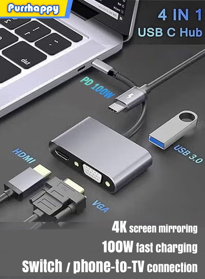 Purrhappy 4-in-1 USB C Hub (USB+ HDMI + PD + VGA) 4K@60Hz HDMI, 100W PD Charging, USB 3.0 Port, Docking Station Compatible with MacBook Pro/Air, Lenovo, Dell, HP for Office/Laptop Screen Expansion (Home/Work/Study/Entertainment ) DARK GREY - Image 1