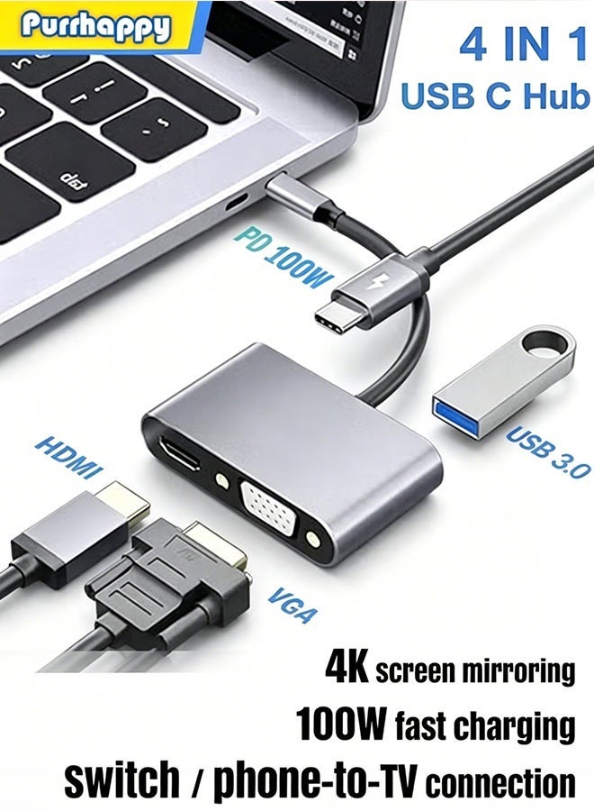 Purrhappy 4-in-1 USB C Hub (USB+ HDMI + PD + VGA) 4K@60Hz HDMI, 100W PD Charging, USB 3.0 Port, Docking Station Compatible with MacBook Pro/Air, Lenovo, Dell, HP for Office/Laptop Screen Expansion (Home/Work/Study/Entertainment ) DARK GREY - Image 1