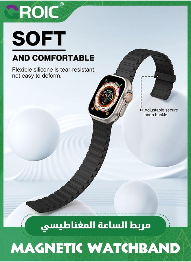GROIC Black Magnetic Band Compatible with Apple Watch Ultra/Ultra2 49mm/Series SE/10/9/8/7/6/5/4/3/2/1 42/44/45/46mm, Silicone Watch Strap Strong Magnet Link Solo Loop Adjustable Wristband  - Image 5