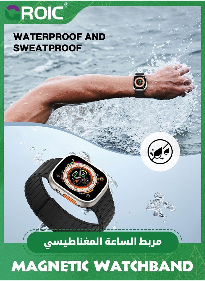 GROIC - Black Magnetic Band Compatible with Apple Watch Ultra/Ultra2 49mm/Series SE/10/9/8/7/6/5/4/3/2/1 42/44/45/46mm, Silicone Watch Strap Strong Magnet Link Solo Loop Adjustable Wristband - Image 1