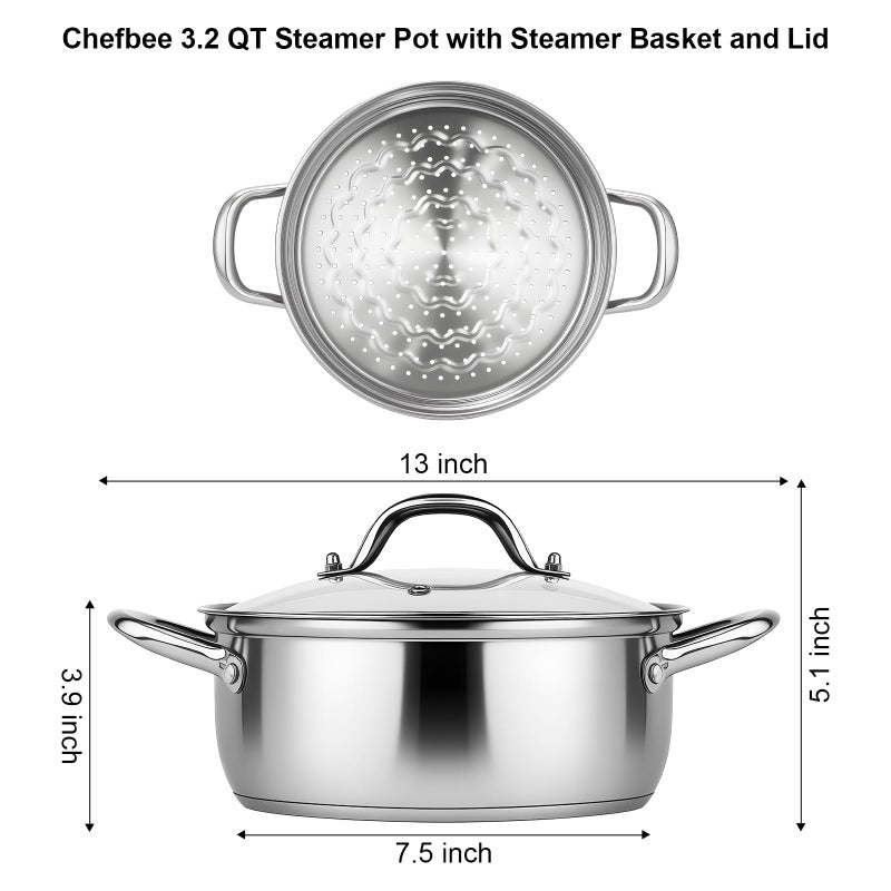 Chefbee Stainless Steel Steamer Pot - 3.2QT Steamer for Cooking with Food Basket, Steaming Cooking Pot Kitchen Cookware for Vegetable, Food, Dumplings, Soup - Image 3
