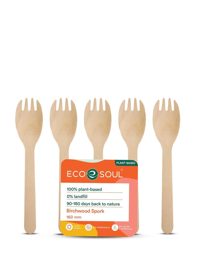 ECO SOUL [160mm, 50 Pack] Disposable Sporks | Wooden Dining Flatware | Ideal for Kids Birthday, Wedding & Party - Image 1
