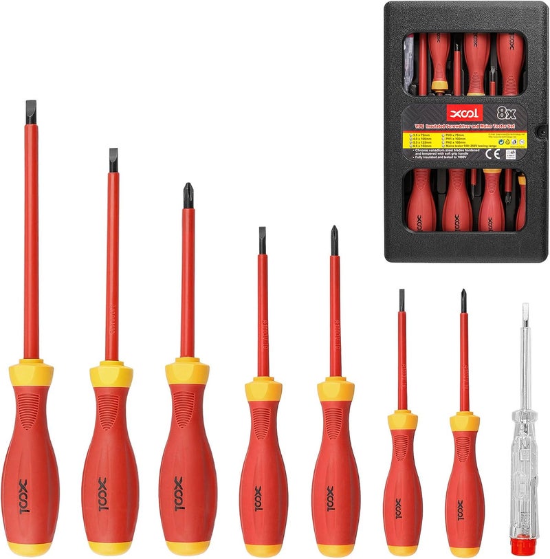 XOOL 1000V Insulated Electrician Screwdriver Set 8Piece with Magnetic Tips NonSlip Handle Slotted Phillips Chrome Vanadium Steel VDE GS Certified for Safe Electrical Work