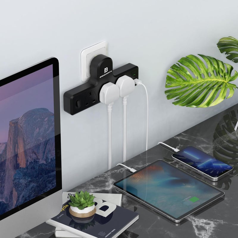برودونيكس ذ م م سلك تمديد مع مشترك طاقة متعدد 3 مقابس تيار متردد، شاحن سريع USB-C بقدرة 20 واط ومنفذ USB واحد، مقبس تمديد بريطاني مع محطة شحن USB، كهرباء توصيلة كهرباء - Image 3
