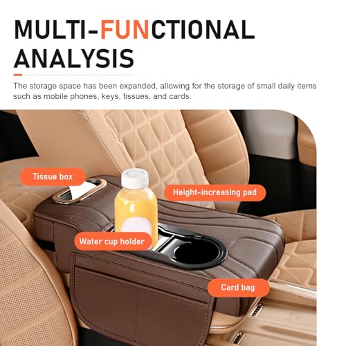 Qurbuns Car Center Console Cover, Microfiber Leather Car Armrest Cover, Multifunctional Armrest Storage Box with 2 Storage Bags, Cup Holders, Tissue Box Slot, Universal for Most Cars (Coffee) - Image 5