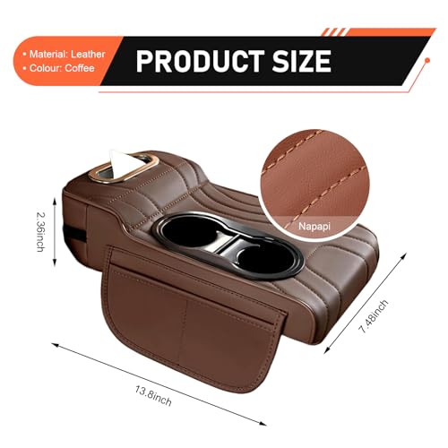 Qurbuns Car Center Console Cover, Microfiber Leather Car Armrest Cover, Multifunctional Armrest Storage Box with 2 Storage Bags, Cup Holders, Tissue Box Slot, Universal for Most Cars (Coffee) - Image 2