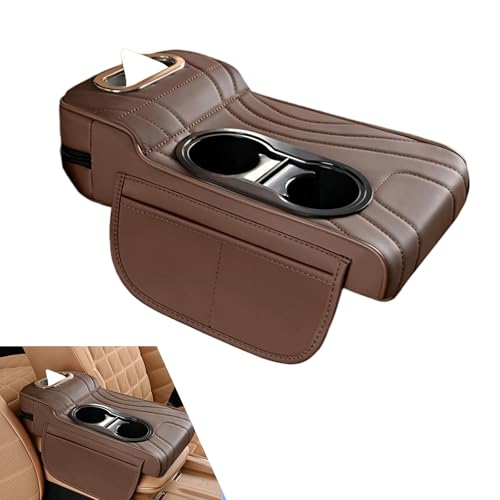 Qurbuns Car Center Console Cover, Microfiber Leather Car Armrest Cover, Multifunctional Armrest Storage Box with 2 Storage Bags, Cup Holders, Tissue Box Slot, Universal for Most Cars (Coffee) - Image 1