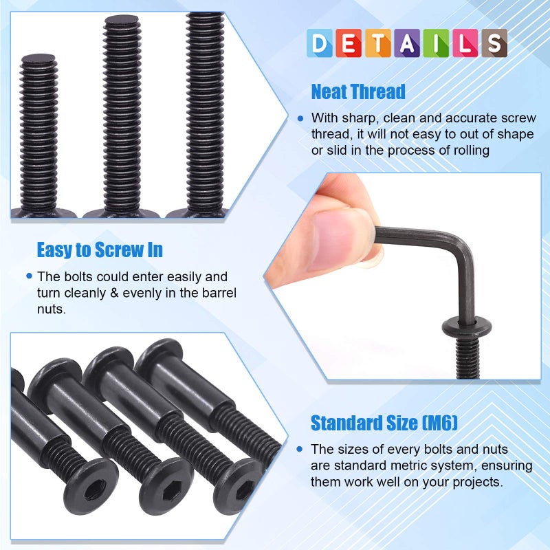 Glarks 141Pcs M6x16/ 20/25/ 30/35/ 40/45/ 50/55/ 60/65/ 70/75/ 80mm Black Hex Drive Socket Cap Bolts Kit, Countsunk Furniture Crib Bolts Nuts Screws for Chair Table Cabinets - Image 4