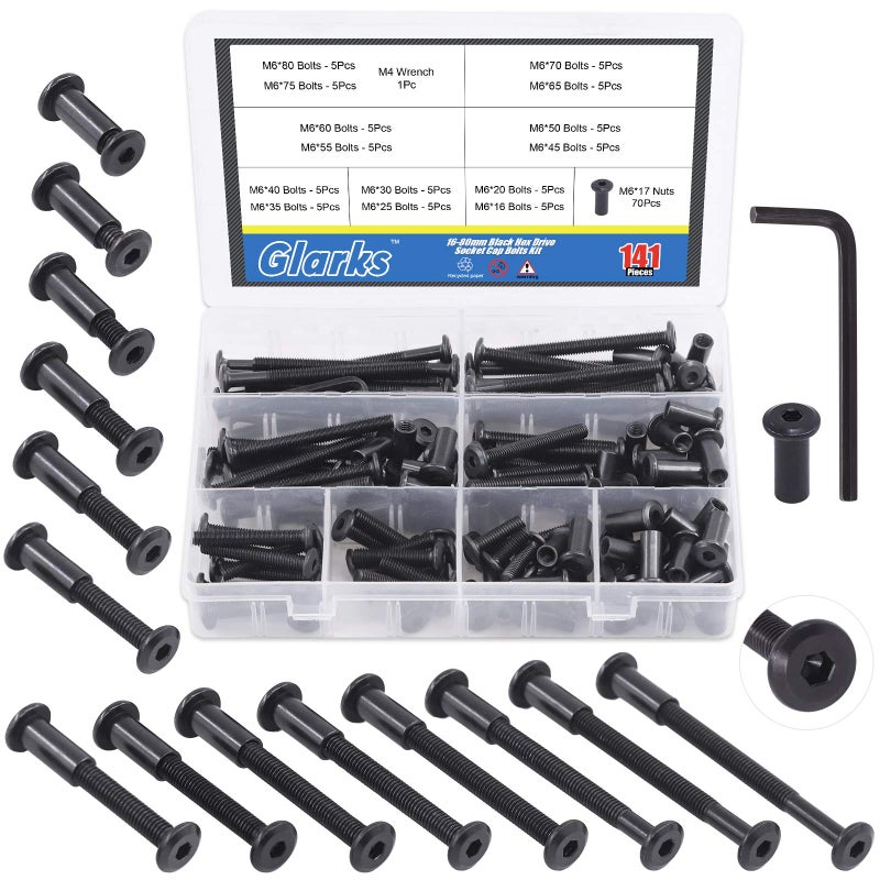 Glarks 141Pcs M6x16/ 20/25/ 30/35/ 40/45/ 50/55/ 60/65/ 70/75/ 80mm Black Hex Drive Socket Cap Bolts Kit, Countsunk Furniture Crib Bolts Nuts Screws for Chair Table Cabinets - Image 1