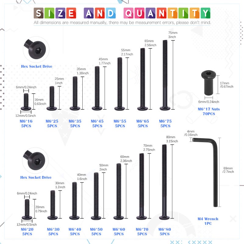 Glarks 141Pcs M6x16/ 20/25/ 30/35/ 40/45/ 50/55/ 60/65/ 70/75/ 80mm Black Hex Drive Socket Cap Bolts Kit, Countsunk Furniture Crib Bolts Nuts Screws for Chair Table Cabinets - Image 2