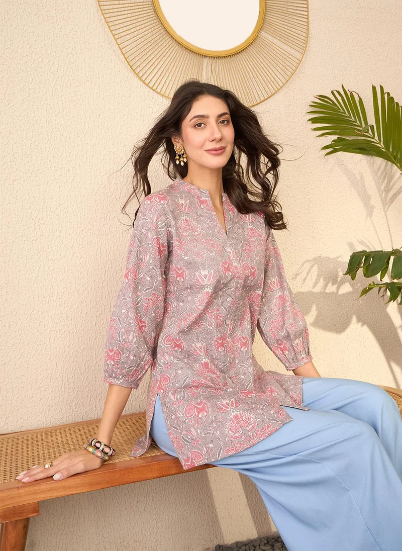 ZERESOUQ Grey Cotton Blend Floral Printed Tunic Only