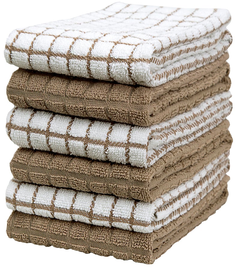 Bumble Towels Kitchen Towels 16x 28  Dish Towels  Kitchen Hand Towels  Large Dishcloths Set  Highly Absorbent Tea Towel Soft with Hanging Loop  Natural Ring Spun Cotton 380 GSM  Tan Check Design  6 Pack 