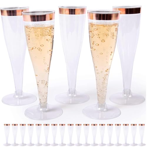 Prestee Set of 24 Plastic Champagne Flutes with Rose Gold Rim  45 oz  Shatterproof Disposable Glasses  Elegant Design  Ideal for Weddings Cocktail Parties and Outdoor Celebrations