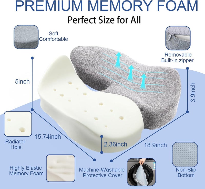 DAPOTUGI X Large Memory Foam Seat Cushion for Office Chair,for Back Support, Relief Sciatica & Tailbone Coccyx Pain Relief Cushion Pillow, for Long Sitting, for Car/Office Chair/Wheelchair (LightGray) - Image 3