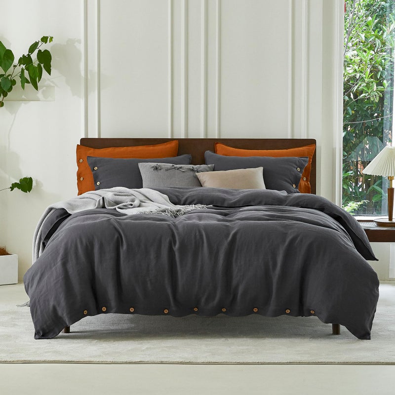 EVERLY 100 Pure Linen Duvet Cover Set Queen Size90X90Inch 3pcs 1 Duvet Cover2 Pillowcases Soft and Breathable for All Season with Coconut Button Closure Suitable for Hot SleepersDark GreyQueen