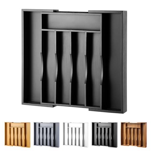 oridom Expandable Bamboo Kitchen Drawer Organizer for Cutlery and Utensils, Adjustable Bamboo Wood Cutlery Tray in Drawer for Flatware and Silverware in Kitchen, (Black) - Image 1