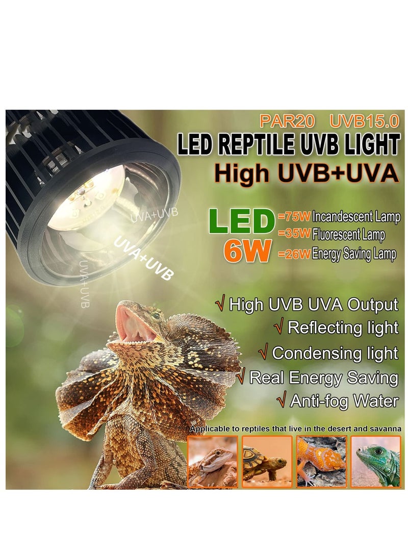 UVA UVB Reptile Light Bulb, LED Ultra High Output UVA UVB 15.0 Bulb Reflection 6 Watts, Reptile Heat Bulbs for Reptiles, Amphibian, Chicken, Dog, Cat (Black)