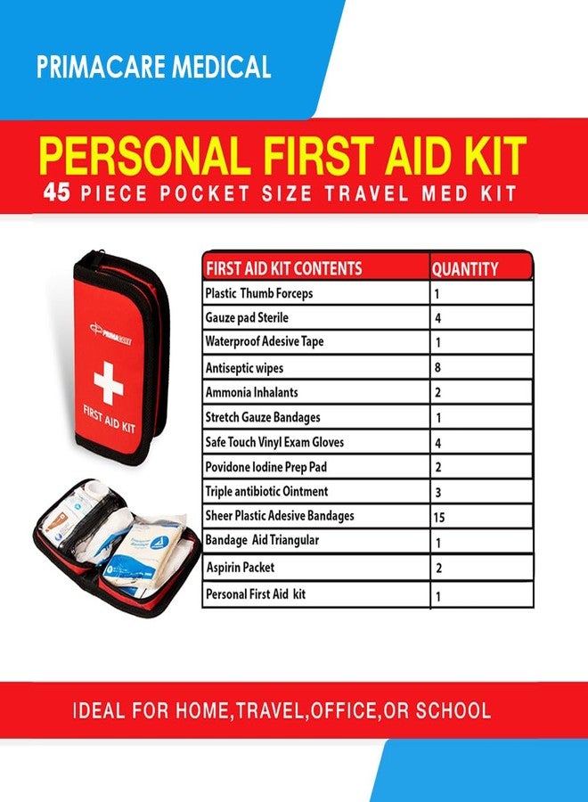 Primacare KB-7411 45 Piece Personal First Aid Kit, 6"x4"x1", with Emergency Medical Supplies, Pocket Size Essential Travel Bag, Med Kits, Red - Image 5