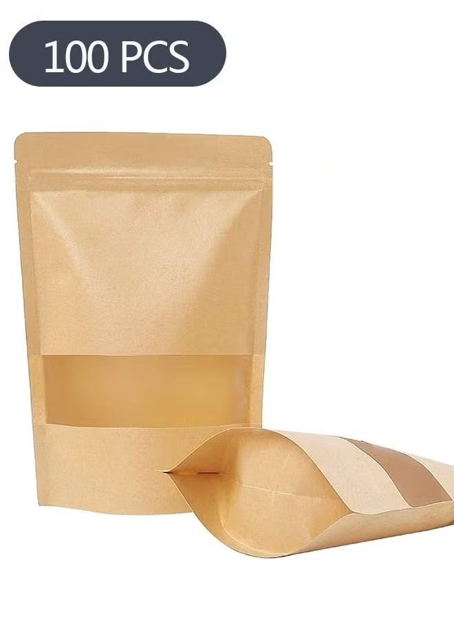 Ant 100-Piece Kraft Bags with Clear Window, Resealable Bags Stand Up Pouches Coffee Bags Sealable Bags for Packaging, Ziplock Stand Up Bags for Home or Business (15*22*4cm)  - Image 1