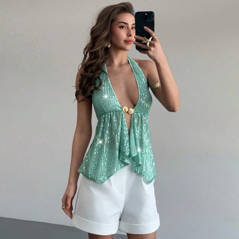 Fashionable Solid Color Beach Swimsuit Top with Spaghetti Straps - Image 2