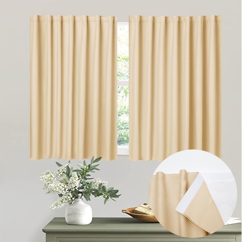 Muamar 2pcs Self Adhesive Small Blackout Curtains with Tiebacks Portable Curtains for Kitchen Window Cabinet Curtains Rental Curtains for Privacy Protect Beige 34"" W X 30"" L - Image 1