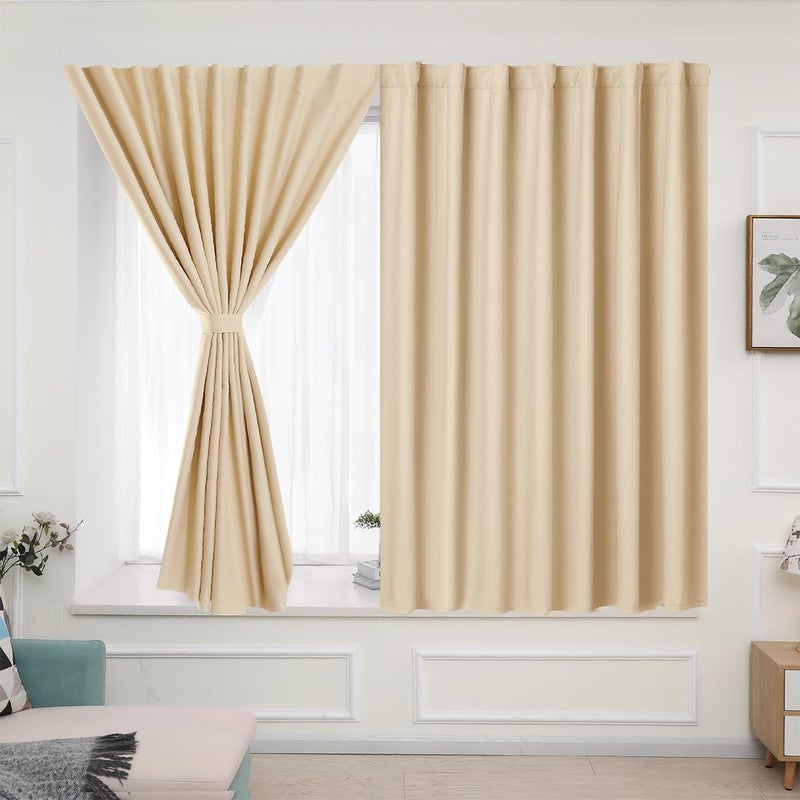 Muamar 2pcs Self Adhesive Small Blackout Curtains with Tiebacks Portable Curtains for Kitchen Window Cabinet Curtains Rental Curtains for Privacy Protect Beige 34"" W X 30"" L - Image 2