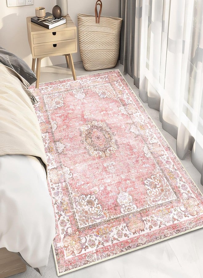 Castage Pink Rug 3'x5',Washable Area Rugs for Bedroom Living Room Kitchen Entryway Bedside,Small Boho Vintage Bohemian Distressed Oriental Non Slip Carpet,Blush Floral Flowers - Image 2