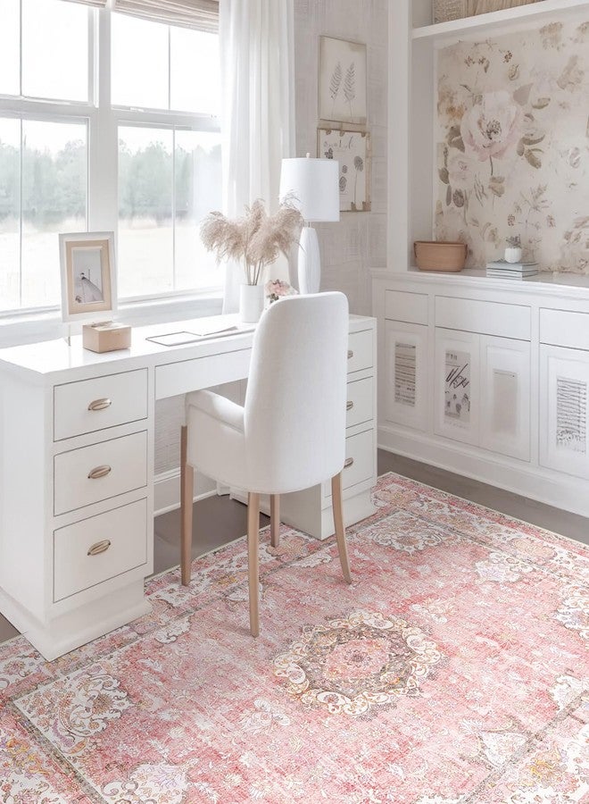 Castage Pink Rug 3'x5',Washable Area Rugs for Bedroom Living Room Kitchen Entryway Bedside,Small Boho Vintage Bohemian Distressed Oriental Non Slip Carpet,Blush Floral Flowers - Image 4