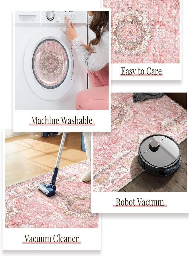 Castage Pink Rug 3'x5',Washable Area Rugs for Bedroom Living Room Kitchen Entryway Bedside,Small Boho Vintage Bohemian Distressed Oriental Non Slip Carpet,Blush Floral Flowers - Image 5