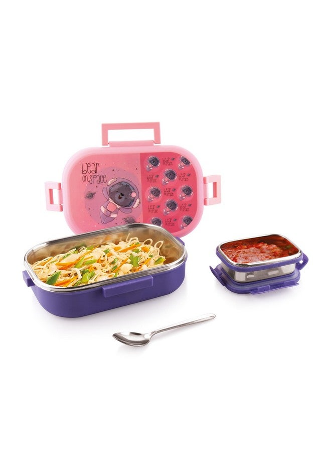 ATTRO علبة غداء أترّو فود تايم ديلوكس من الفولاذ المقاوم للصدأ مع حاوية صغيرة وطبعات جذابة محكمة الإغلاق ومضادة للتسرب - 750مل + 250مل دب بني بنفسجي وردي - Image 1