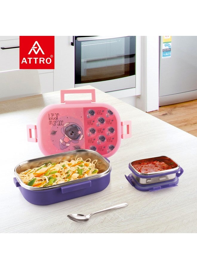 ATTRO علبة غداء أترّو فود تايم ديلوكس من الفولاذ المقاوم للصدأ مع حاوية صغيرة وطبعات جذابة محكمة الإغلاق ومضادة للتسرب - 750مل + 250مل دب بني بنفسجي وردي - Image 3