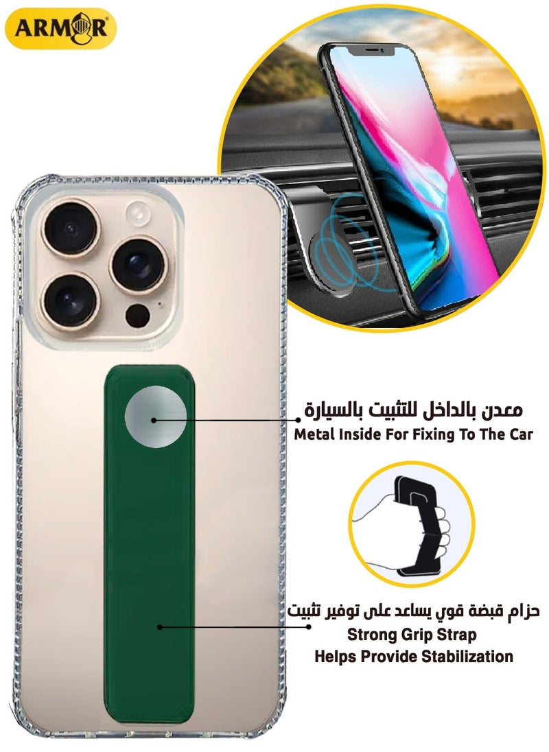 Generic - Case Cover For Apple iPhone 16 Pro With Magnetic Hand Grip 3 in 1 Clear / Green - Image 1