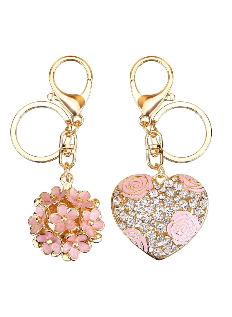 Y&D Love Flower Keychain Flowers Ball Keychain and Sweet Heart Rose Crystal Keyring Multicolor Gift Pendant Creative Small Daisy Exquisite Women's Bag 2 Pieces (Pink) - Image 1