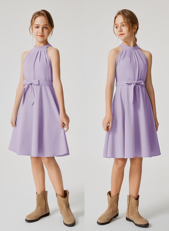 Quedoris Girls Halter Neck Sleeveless Belted Dress with Zipper Lavender 140Y - Image 3