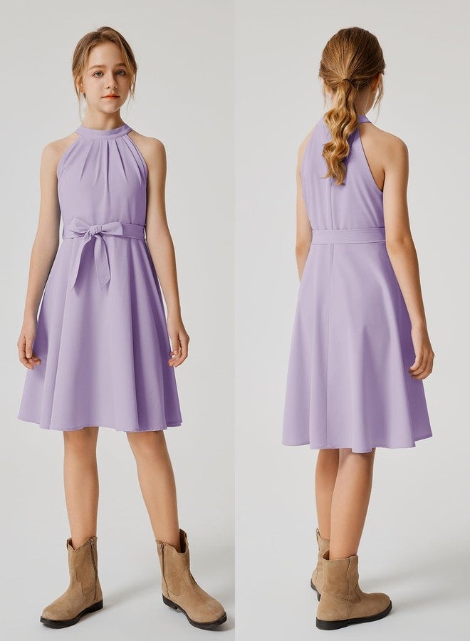 Quedoris Girls Halter Neck Sleeveless Belted Dress with Zipper Lavender 140Y - Image 4
