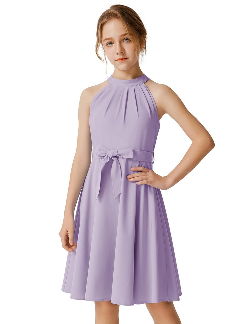 Quedoris Girls Halter Neck Sleeveless Belted Dress with Zipper Lavender 140Y - Image 1