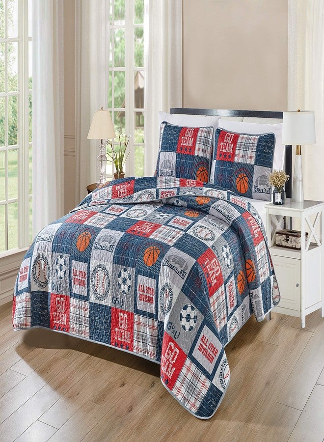 Linen Plus Bedspread Set Kids/Teens All Star Sport Basketball Soccer Baseball Football Plaid Patchwork Pattern Blue Red Grey Orange White # Go Team (Full/Queen) - Image 1