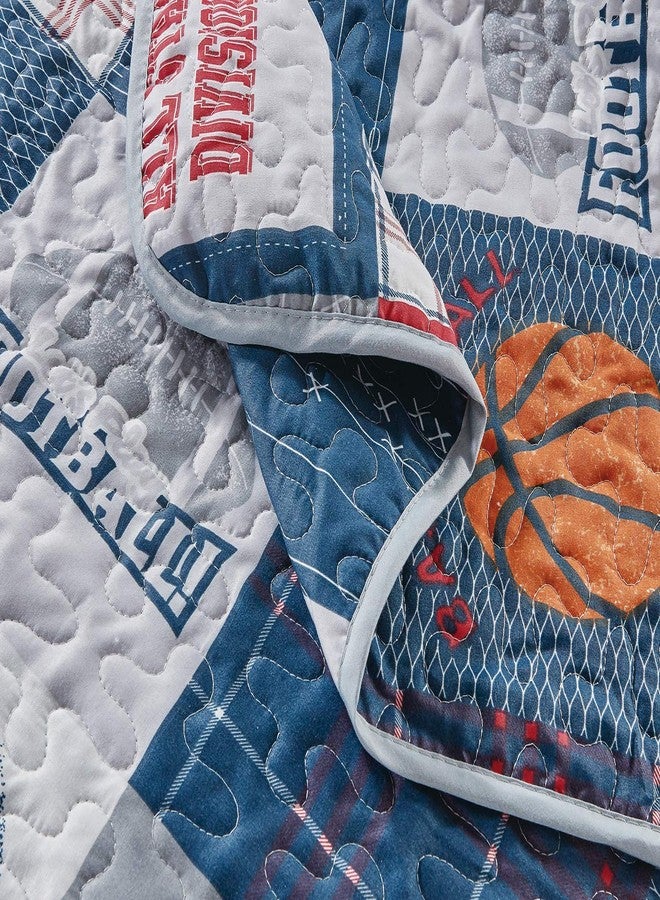 Linen Plus Bedspread Set Kids/Teens All Star Sport Basketball Soccer Baseball Football Plaid Patchwork Pattern Blue Red Grey Orange White # Go Team (Full/Queen) - Image 4