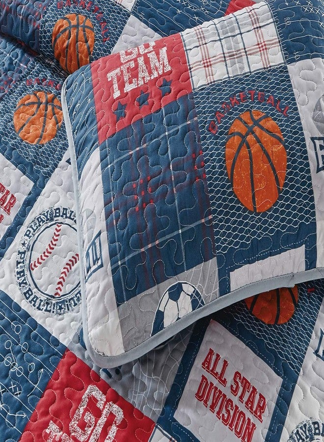 Linen Plus Bedspread Set Kids/Teens All Star Sport Basketball Soccer Baseball Football Plaid Patchwork Pattern Blue Red Grey Orange White # Go Team (Full/Queen) - Image 2