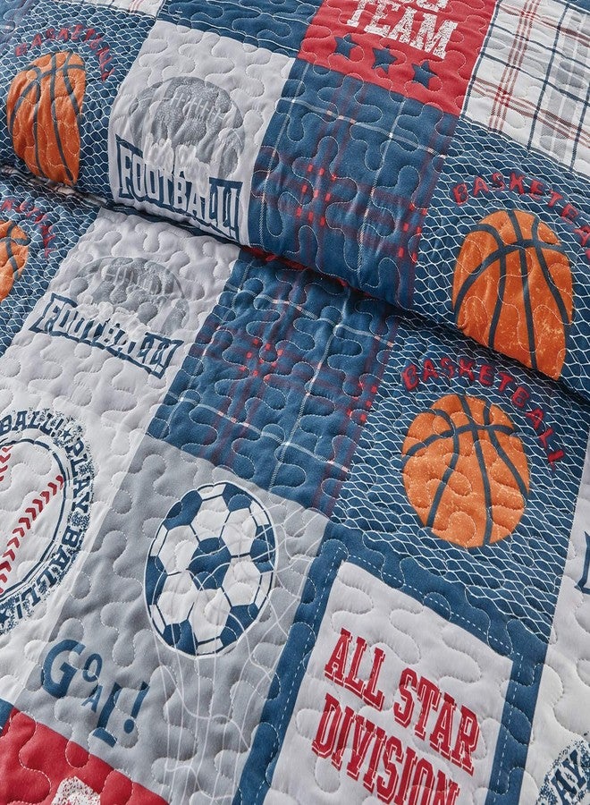 Linen Plus Bedspread Set Kids/Teens All Star Sport Basketball Soccer Baseball Football Plaid Patchwork Pattern Blue Red Grey Orange White # Go Team (Full/Queen) - Image 3