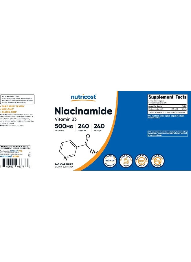 Nutricost - Niacinamide Vitamin B3 500mg, 240 Capsules - Non-GMO, Gluten-free, Flush - Image 1