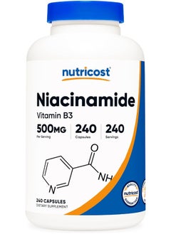 Niacinamide Vitamin B3 500mg, 240 Capsules - Non-GMO, Gluten-free, Flush